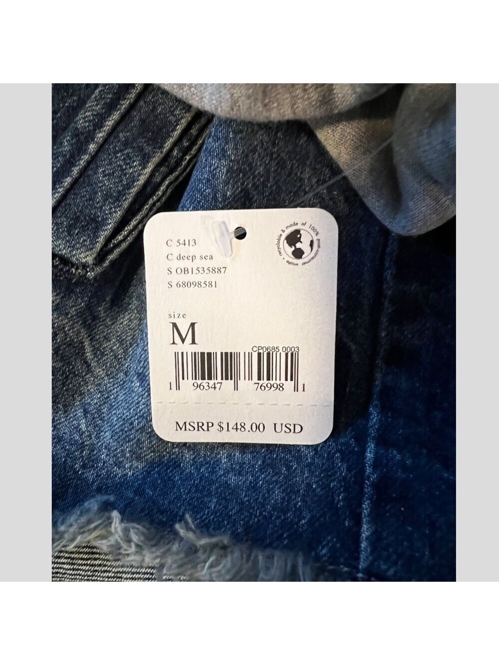 FREE PEOPLE Throwback Denim/Knit Hoodie Style Raw Hem Relaxed Crop Jacket-Md NWT - Picture 14 of 16